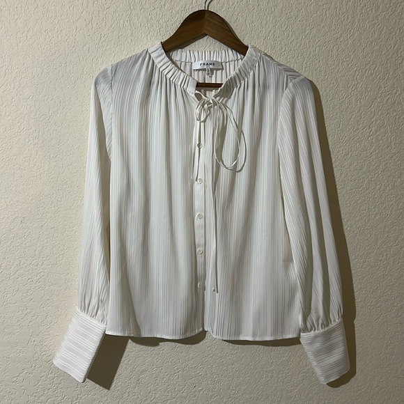 FRAME | Shirred Neck Tie Off White Silk Blouse XS - Picture 2 of 7